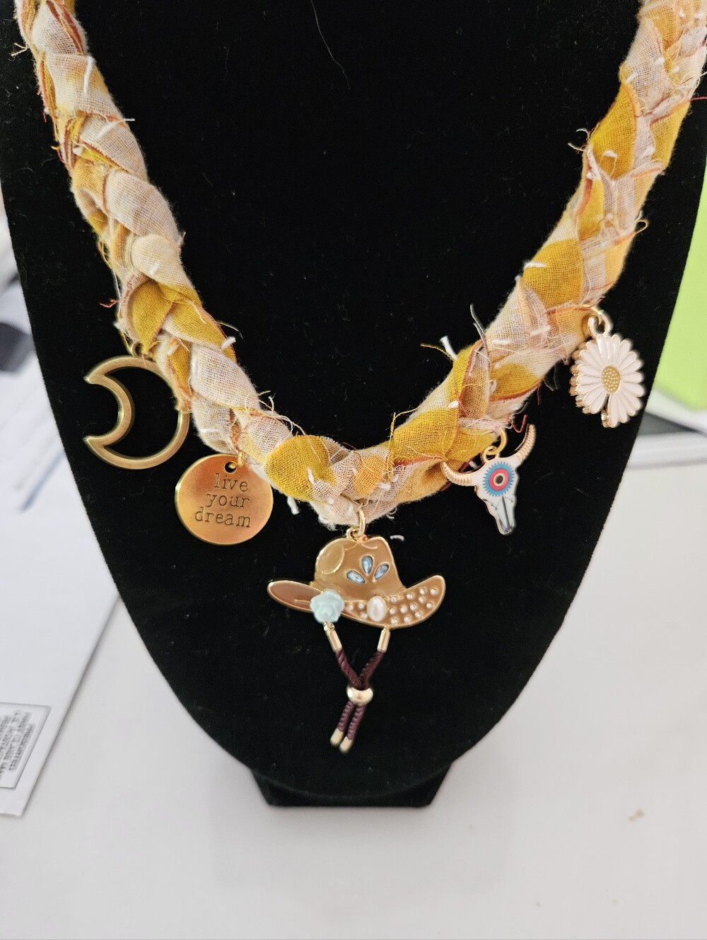 Yellow Braided Kantha Necklace with Cowgirl Hat & Charms